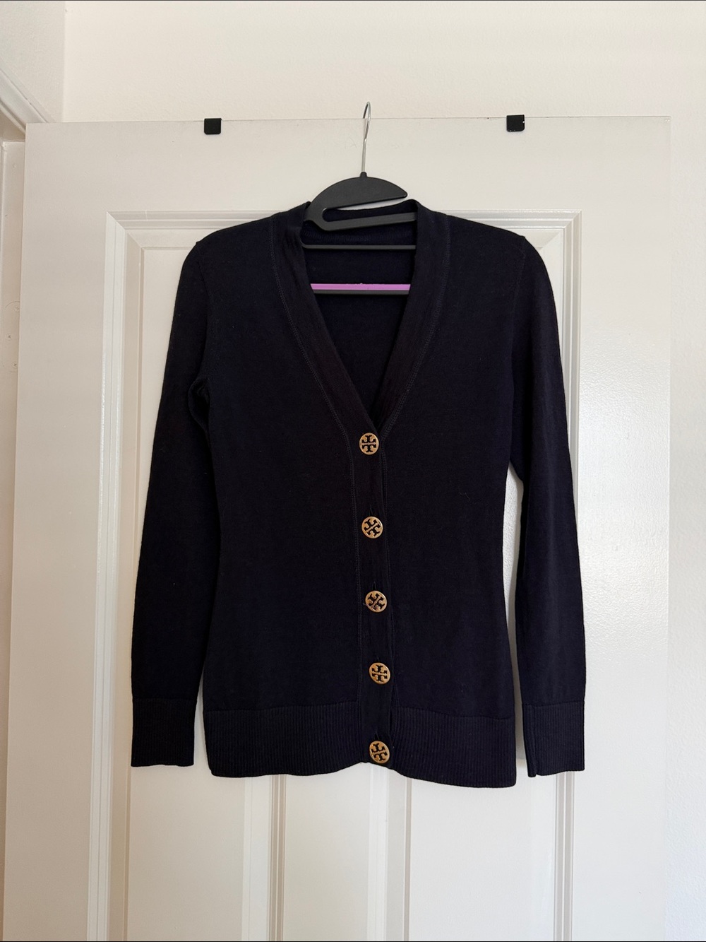 Classic Navy V-Neck Tory Burch wool Button Cardigan Sweater